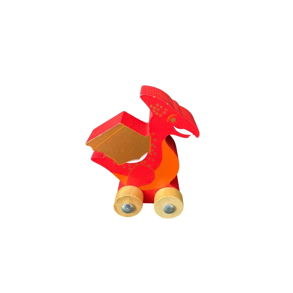 Wooden Pteranodon Dinosaur Rolling Toy Car Red Orange Wood Preschool Vehicle